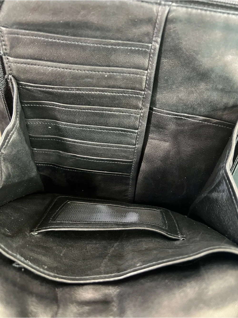Vintage Perlina Black Leather Organizer Tablet Crossbody Messenger Travel Bag